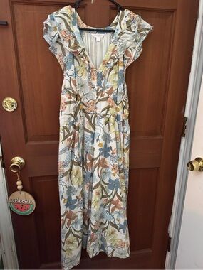 Lauren Conrad: Floral Ruffle V-Neck Women’s Maxi Dress - Blue/Green/Tan